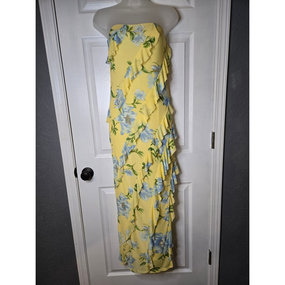 Sincerely Jules Yellow Blue Floral Ruffle Strapless Mesh Maxi Dress Medium